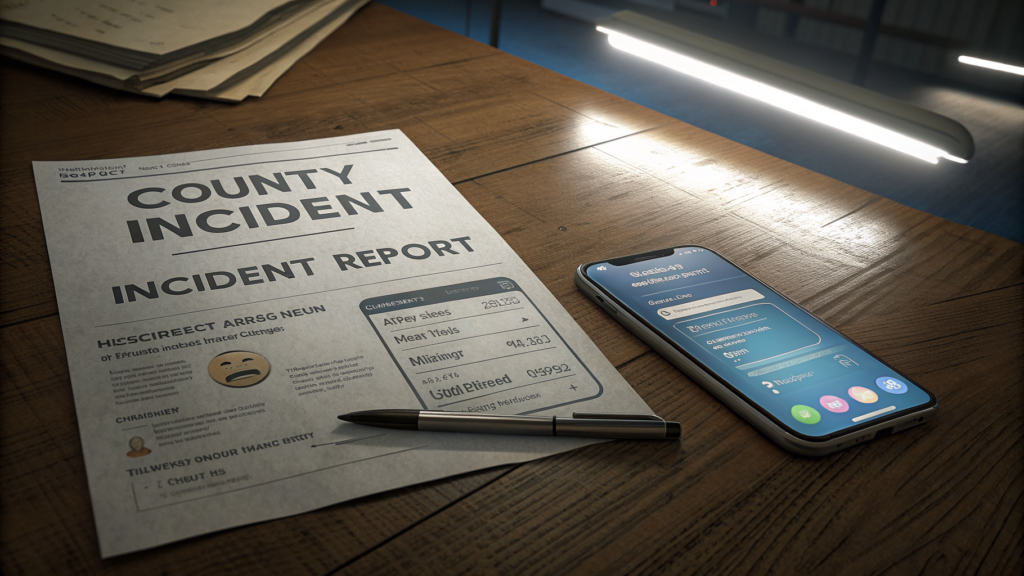 A county incident report and a glowing smartphone sit side by side under fluorescent office light