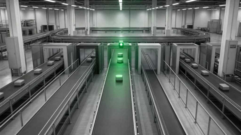 A vast grey sorting facility viewed from above, with parallel conveyor belts converging toward a single gate lit by a green indicator…