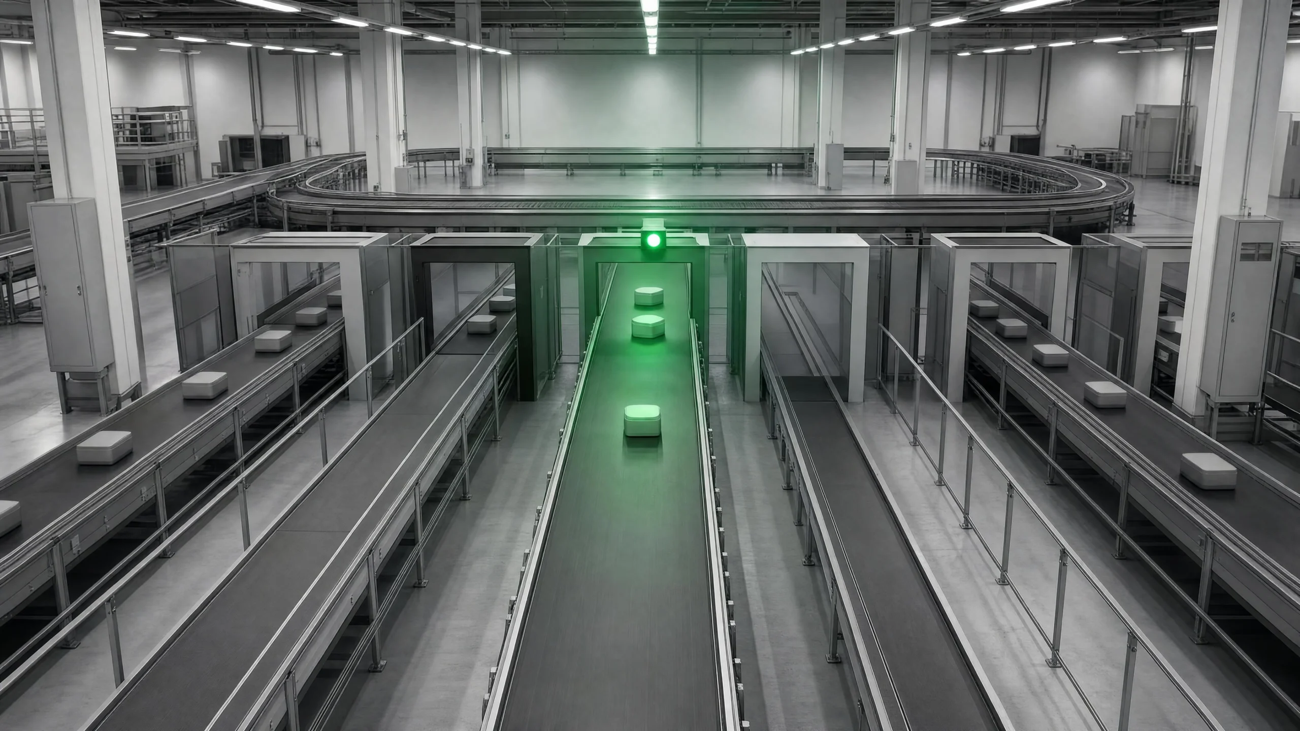 A vast grey sorting facility viewed from above, with parallel conveyor belts converging toward a single gate lit by a green indicator light