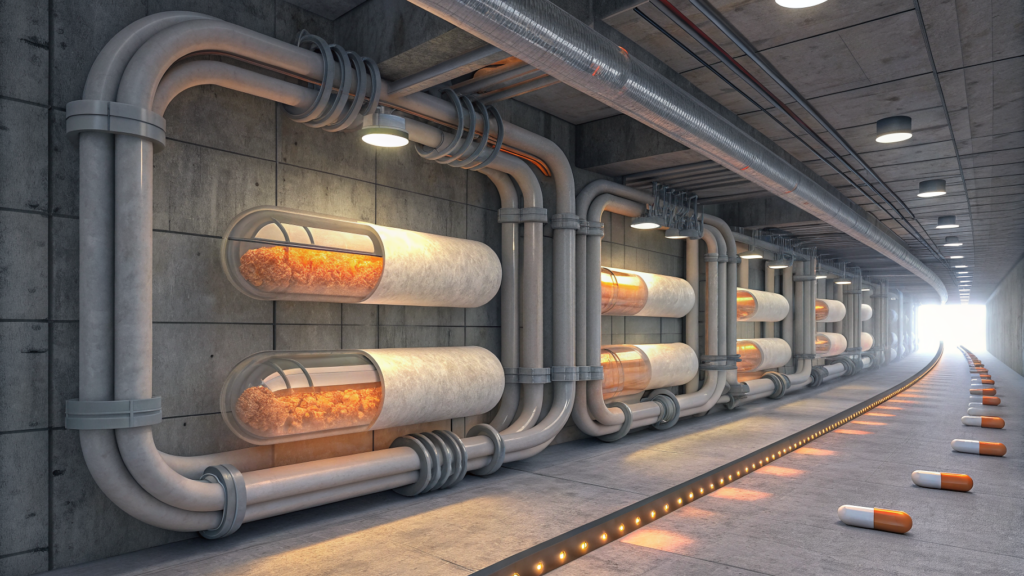 A pneumatic routing system confidently sending capsules the wrong way
