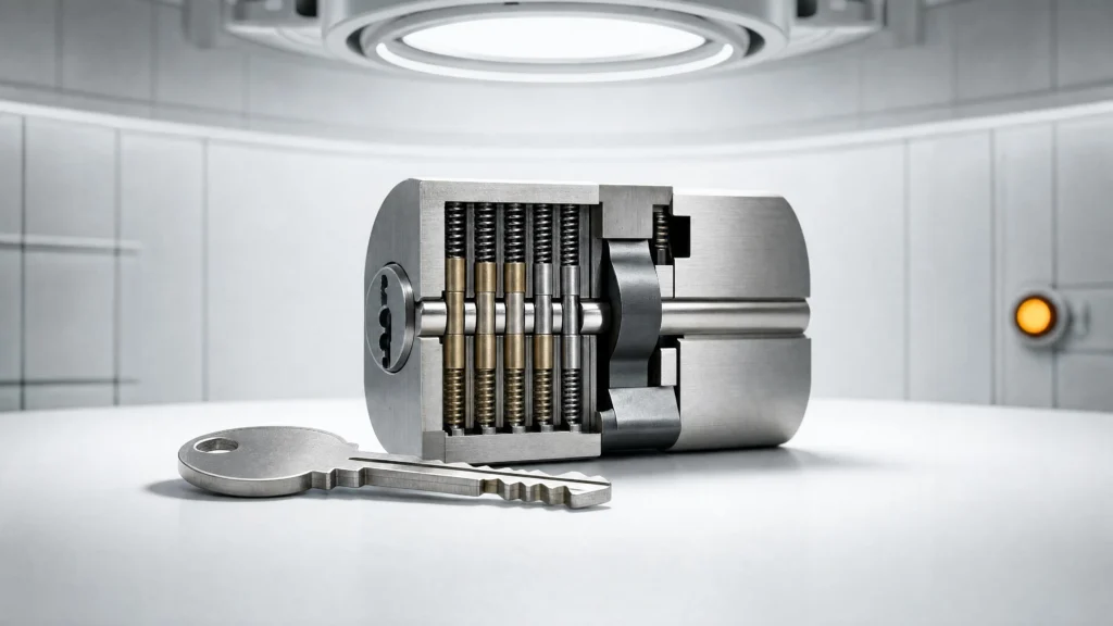 A cylinder lock in cross-section showing brass spring pins beside a steel key lying flat on a white examination surface, amber indicator…