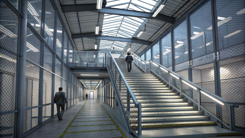Capability staircase ascending through successive hardened containment levels toward a nearly unreachable top