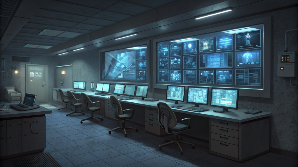 Security monitoring room where screens describe behavior but the chamber window reveals nothing about intent