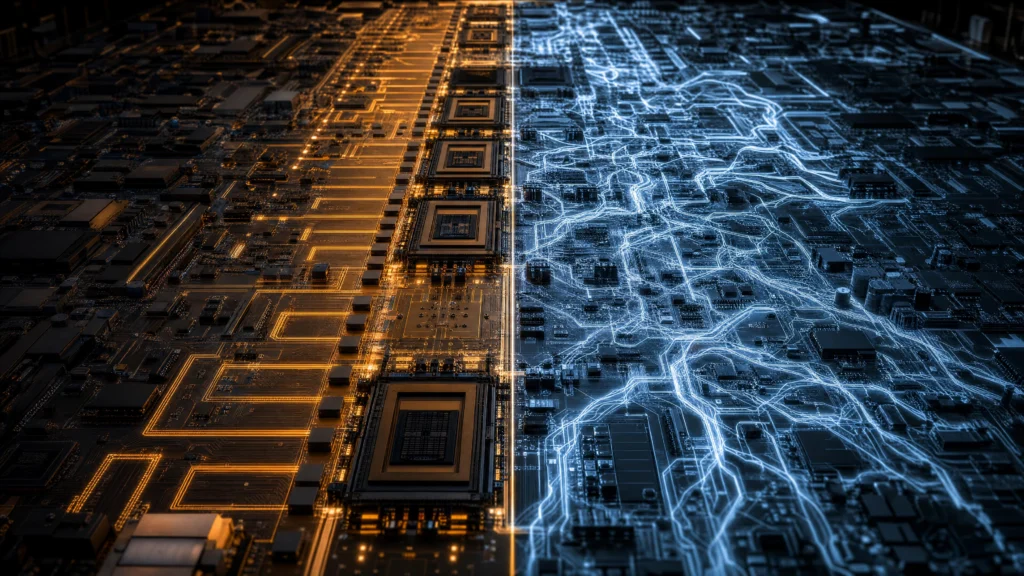 A GPU circuit board split vertically: warm amber ordered circuits on the left, cold electric blue branching traces…