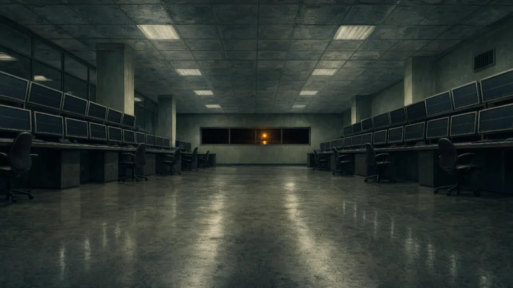 An empty operations center with rows of dark monitors and vacant chairs, a single amber light burning through a far…