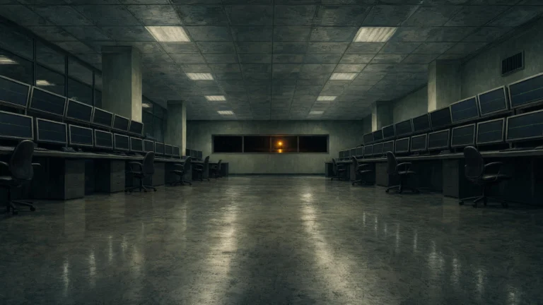An empty operations center with rows of dark monitors and vacant chairs, a single amber light burning through a far window