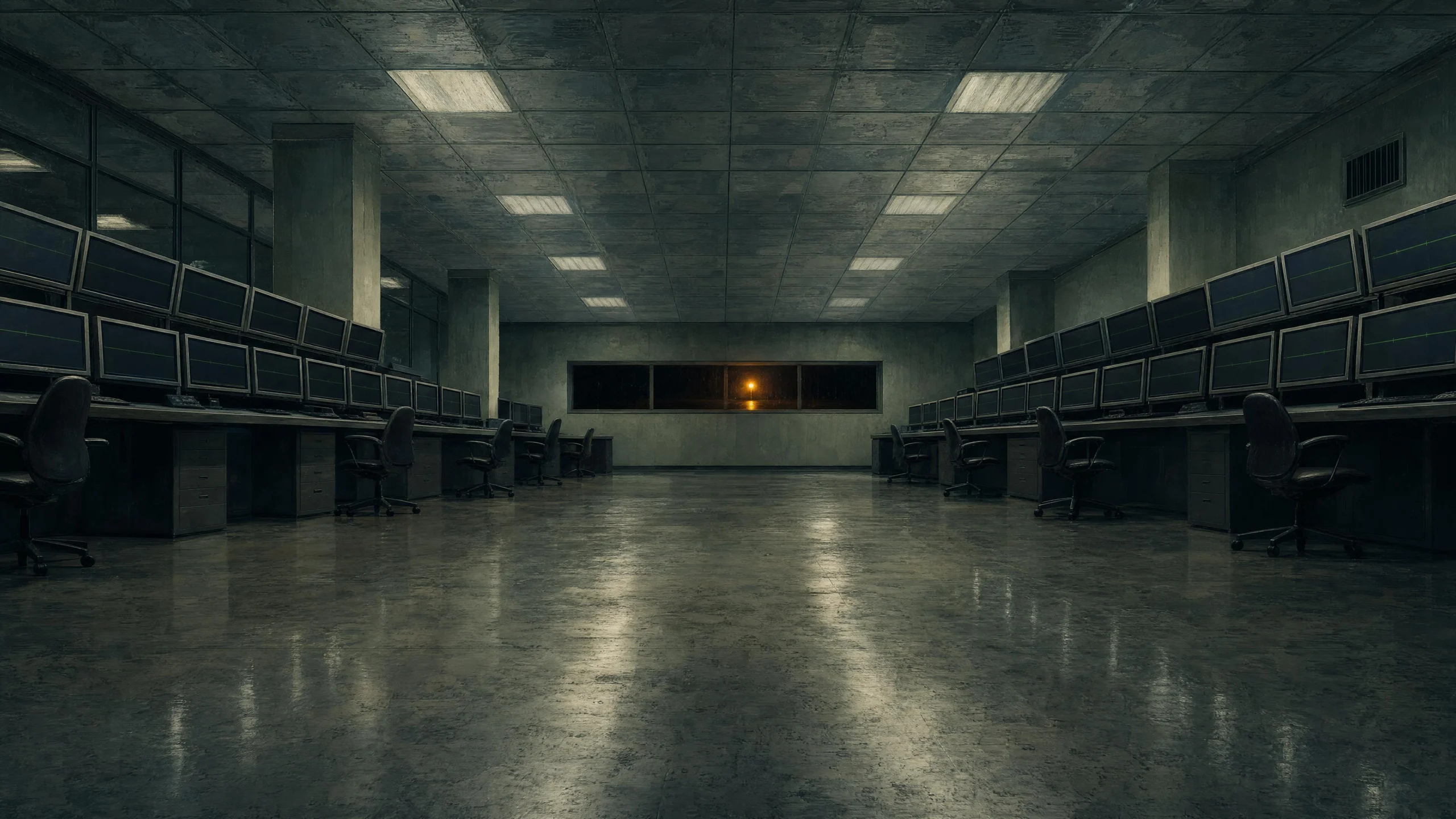 An empty operations center with rows of dark monitors and vacant chairs, a single amber light burning through a far window