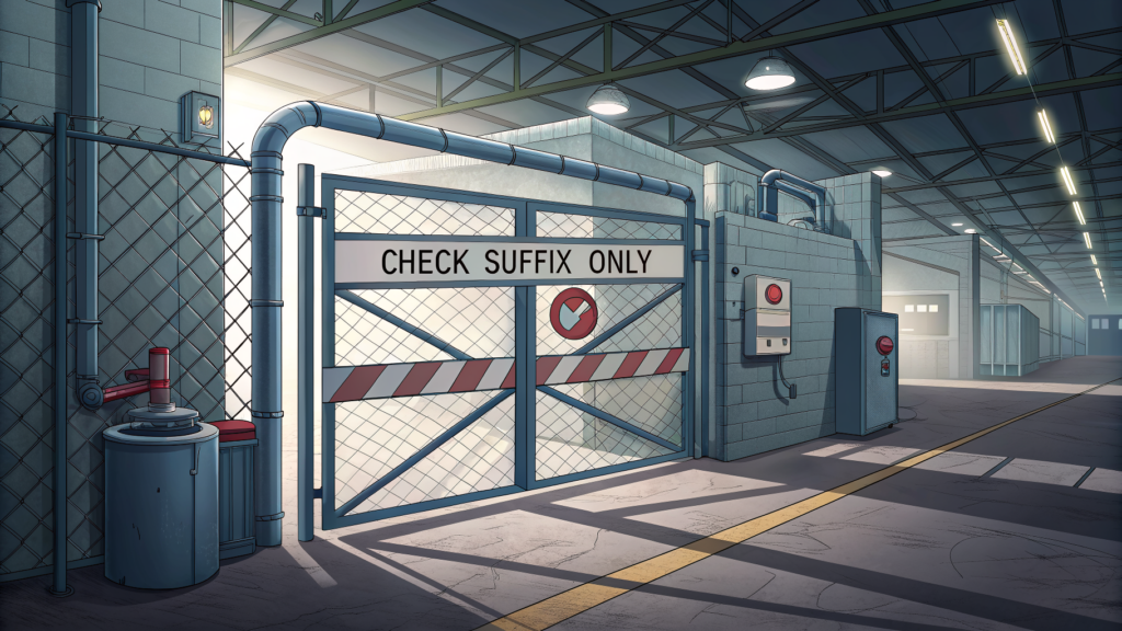Conceptual illustration of a network policy check that validates suffix patterns but not actual destination identity