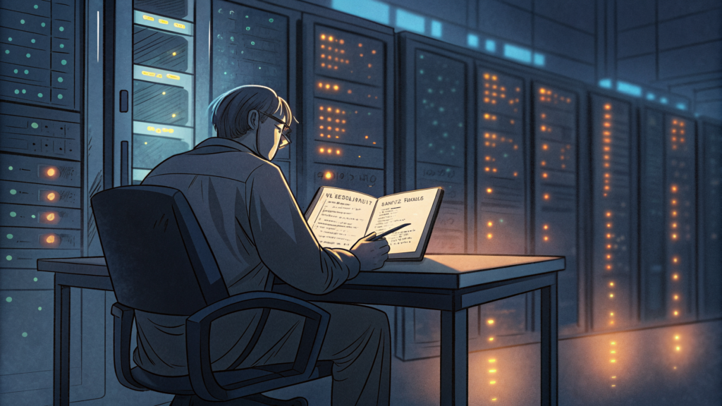 An empty monitoring station facing a server rack running at full activity — no one watching