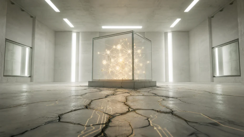 A glowing network of nodes contained in a glass cube while golden circuit traces spread through cracks in the concrete floor around…