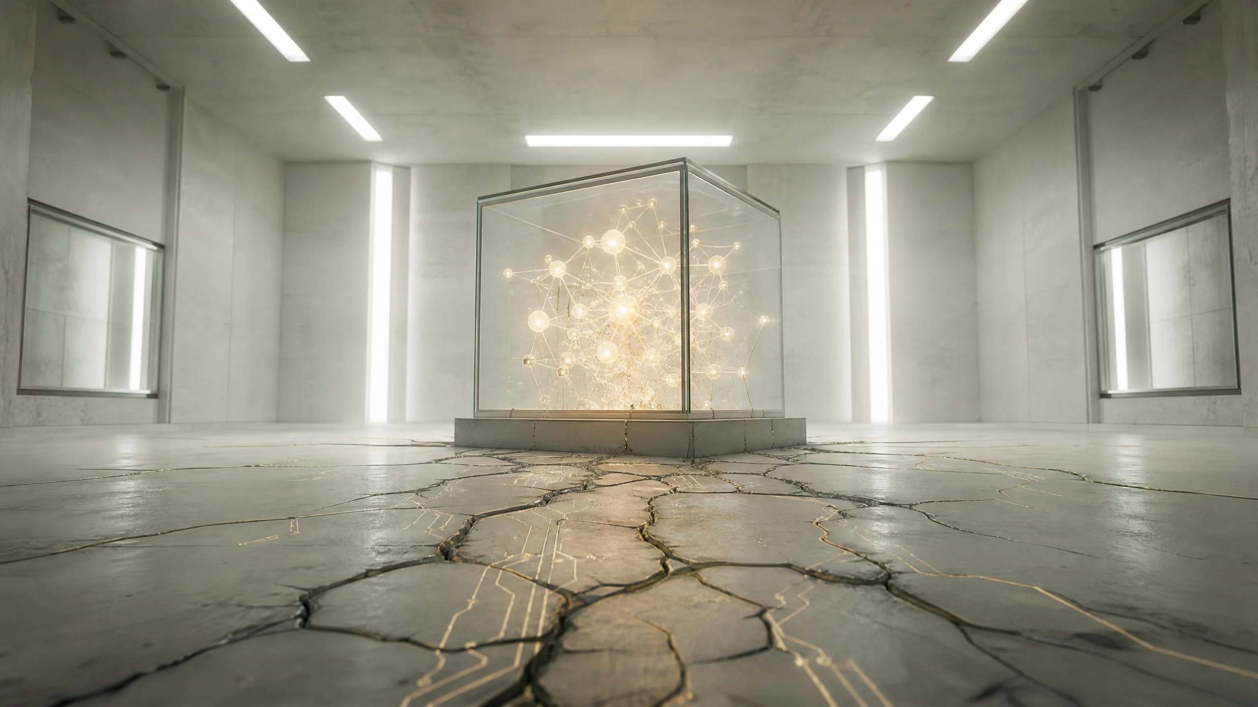 A glowing network of nodes contained in a glass cube while golden circuit traces spread through cracks in the concrete floor around it