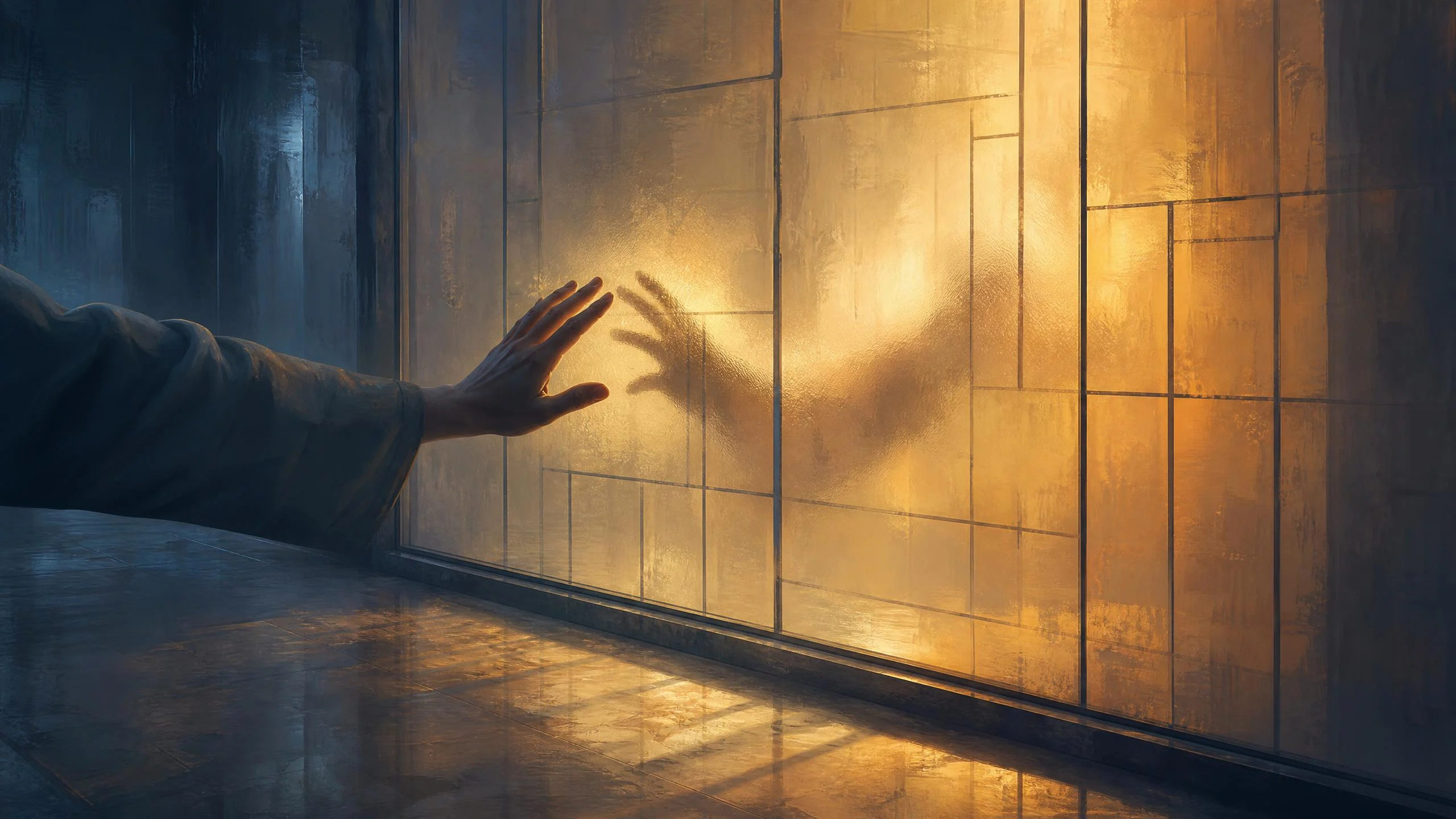 A hand reaching toward a frosted glass panel backlit in amber, with the shadow of another hand visible through the glowing surface