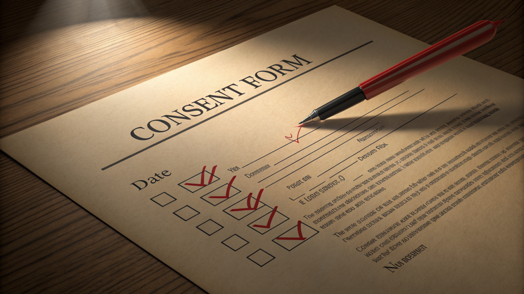 Redacted consent form checkbox pressed under cold glass, one option circled and blocked out