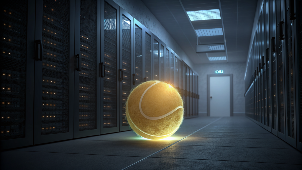Amber data sphere floating through a darkened server corridor, thin lines connecting it to unseen endpoints