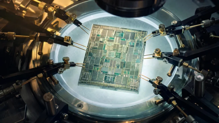 A processor die on a circular inspection stage, ringed by gold probe needles mounted on mechanical arms