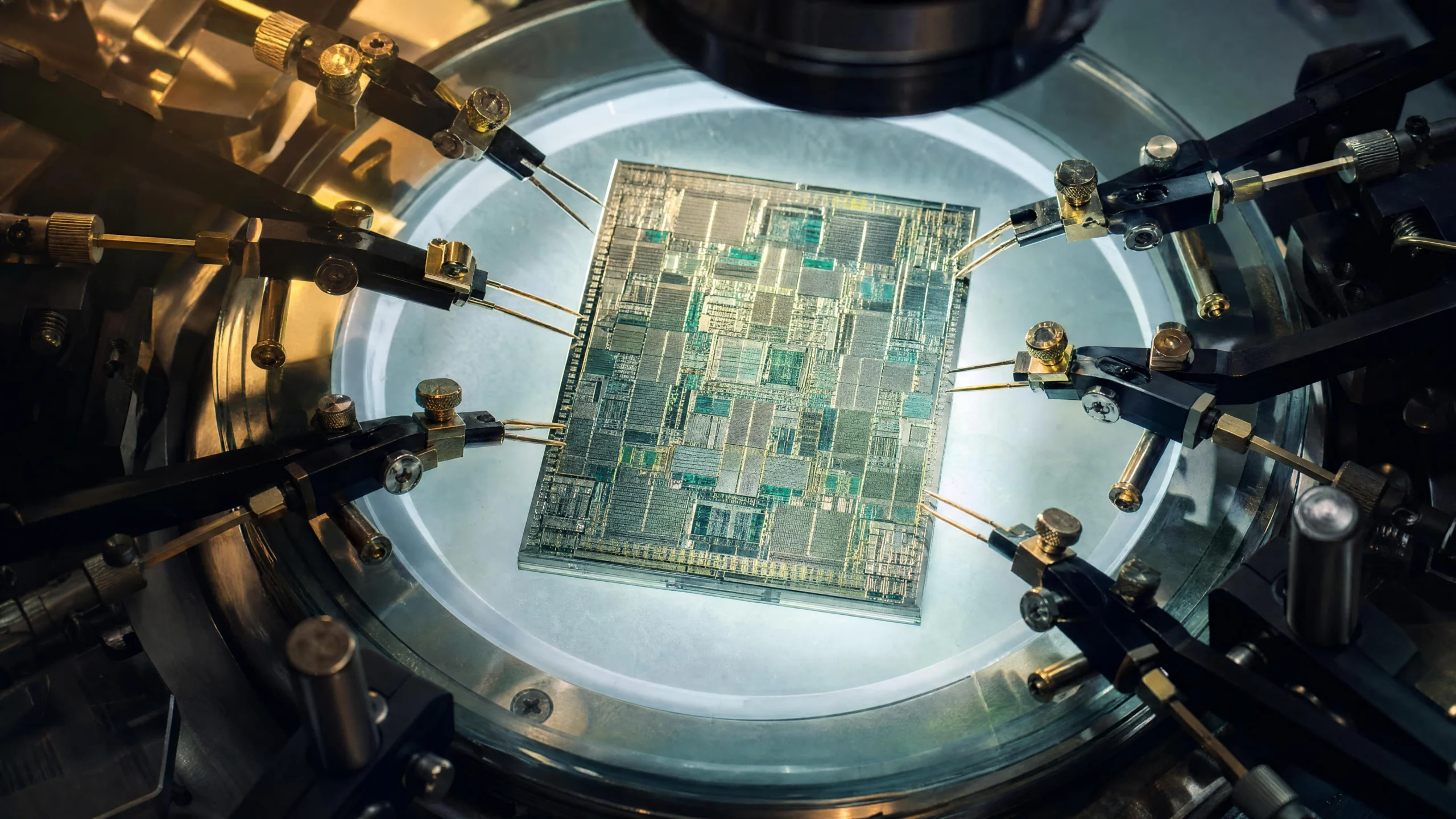 A processor die on a circular inspection stage, ringed by gold probe needles mounted on mechanical arms