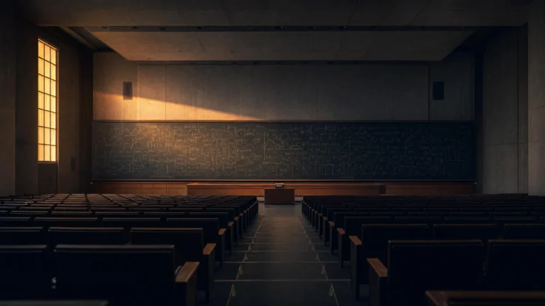 An empty lecture hall with rows of dark wooden seats receding toward a chalk-covered blackboard lit by amber window light