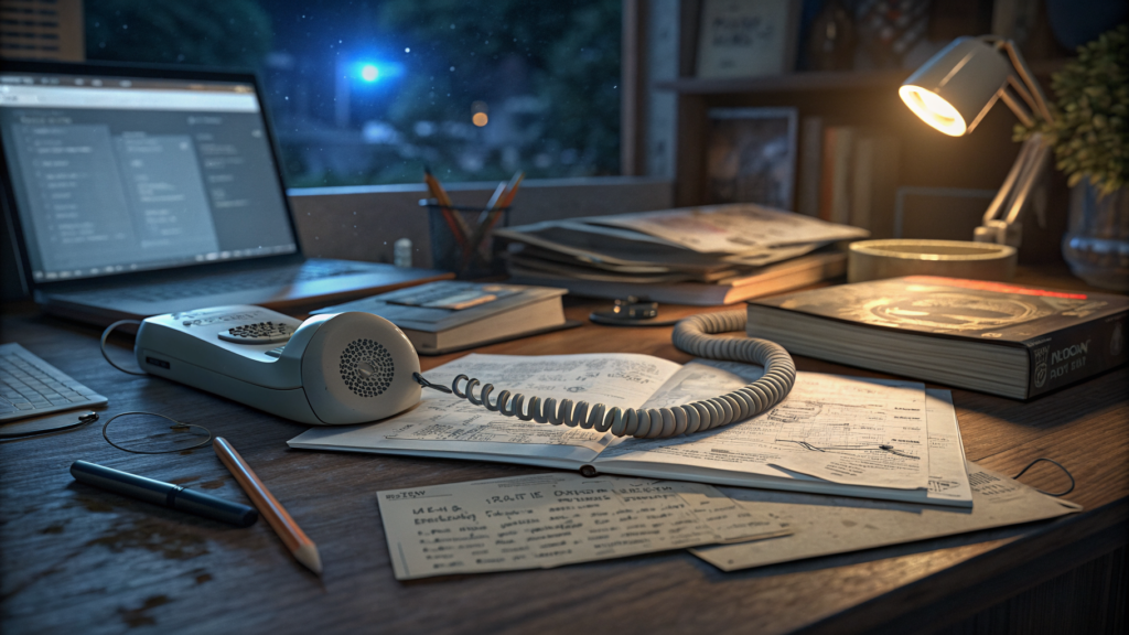 A phone handset resting on a desk of proof pages after a conversation that ended a collaboration offer