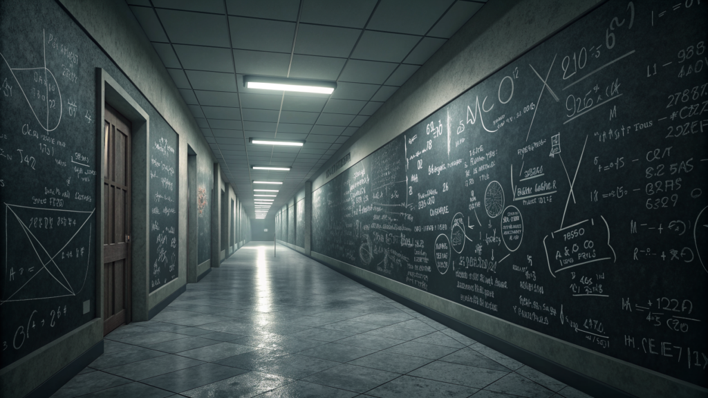 A corridor of blackboards where mathematical proofs remain but attribution has been erased