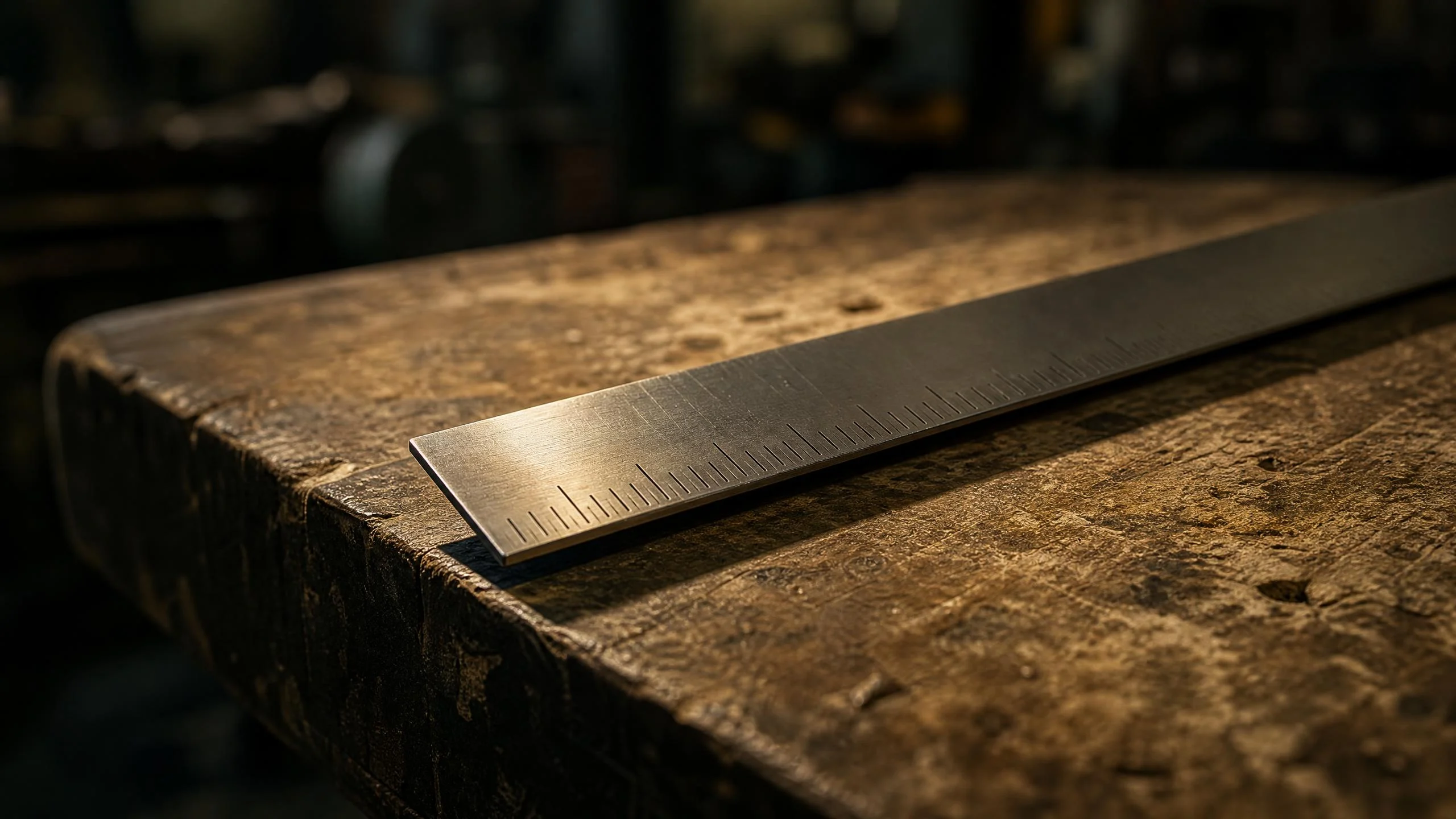 Steel ruler resting diagonally on a scarred wooden workbench, its graduated tick marks sharp under warm overhead light, background in deep shadow