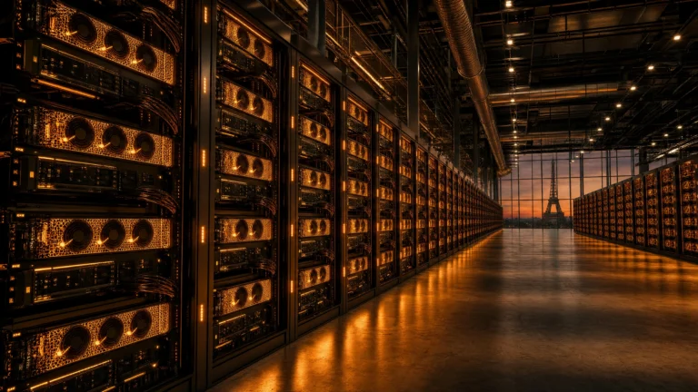 Rows of amber-lit GPU racks in a Paris data center, the Eiffel Tower visible at dusk through floor-to-ceiling glass at the far end