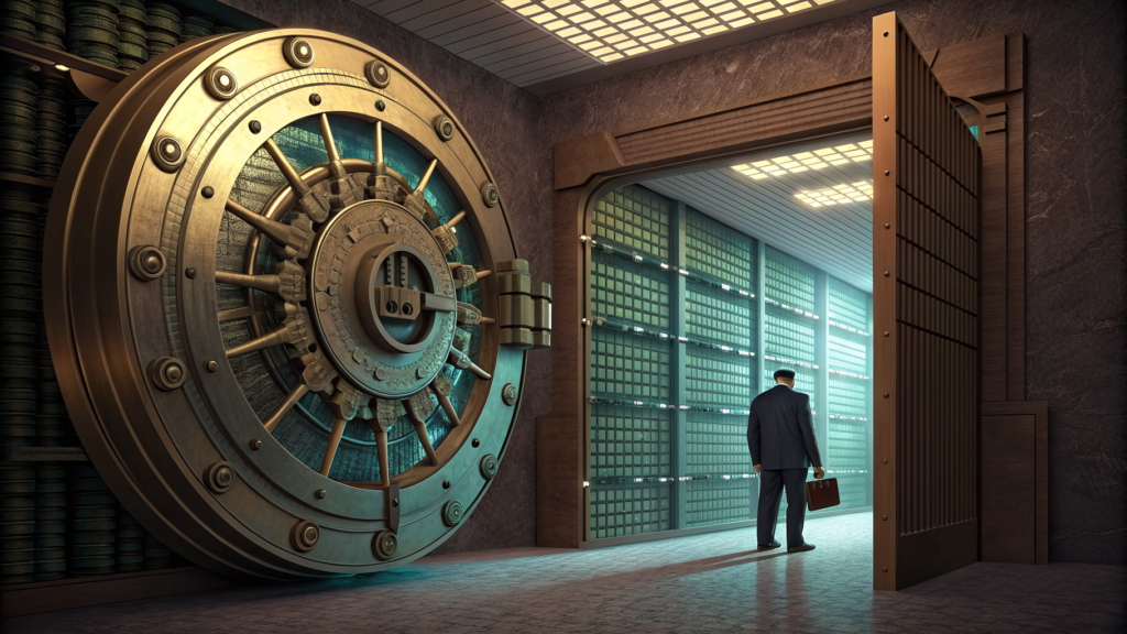 A vault door opening to reveal GPU hardware where reserves were expected — the asset beneath the sovereign claim