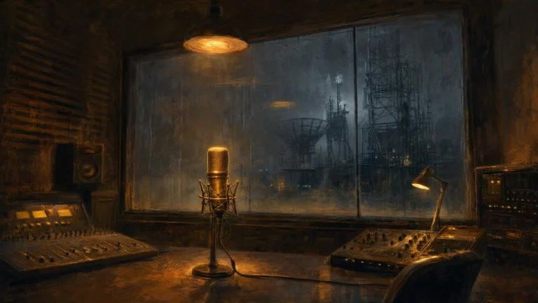 A golden condenser microphone glows amber on a recording studio desk while dark transmission towers stand cold behind rain-streaked glass