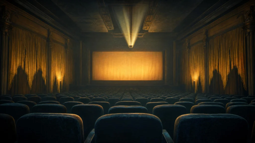 An empty cinema auditorium with rows of dark velvet seats facing a glowing amber projection screen, projector beams cutting through darkness…
