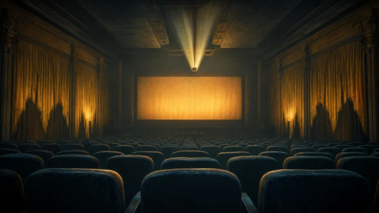 An empty cinema auditorium with rows of dark velvet seats facing a glowing amber projection screen, projector beams cutting through darkness above