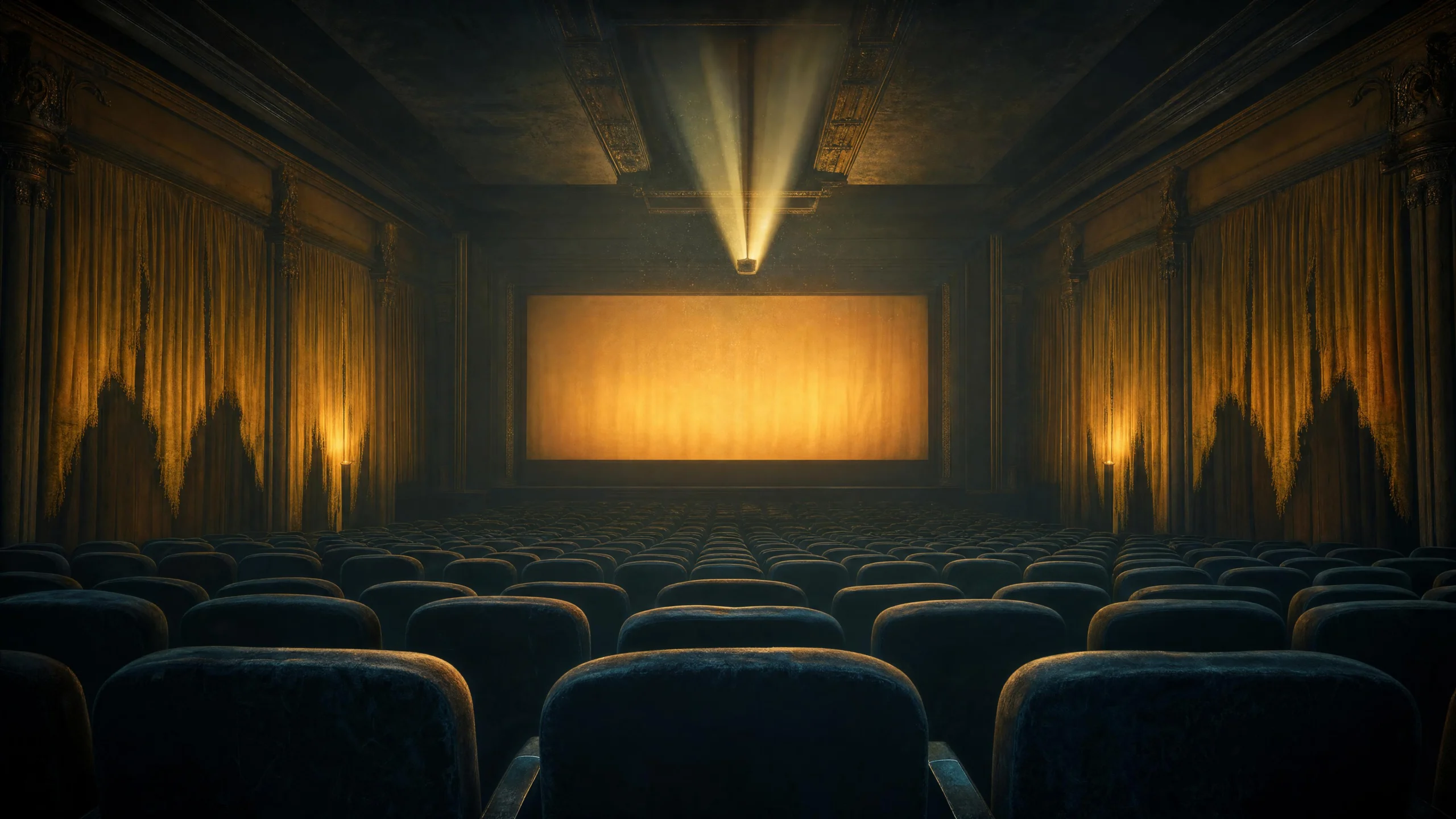 An empty cinema auditorium with rows of dark velvet seats facing a glowing amber projection screen, projector beams cutting through darkness above