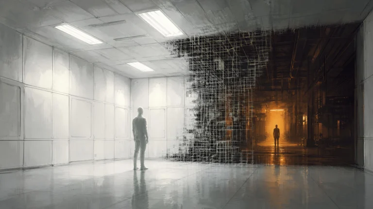 A white laboratory chamber where one wall dissolves into wireframe, revealing an amber corridor — one figure remains inside, one has passed through