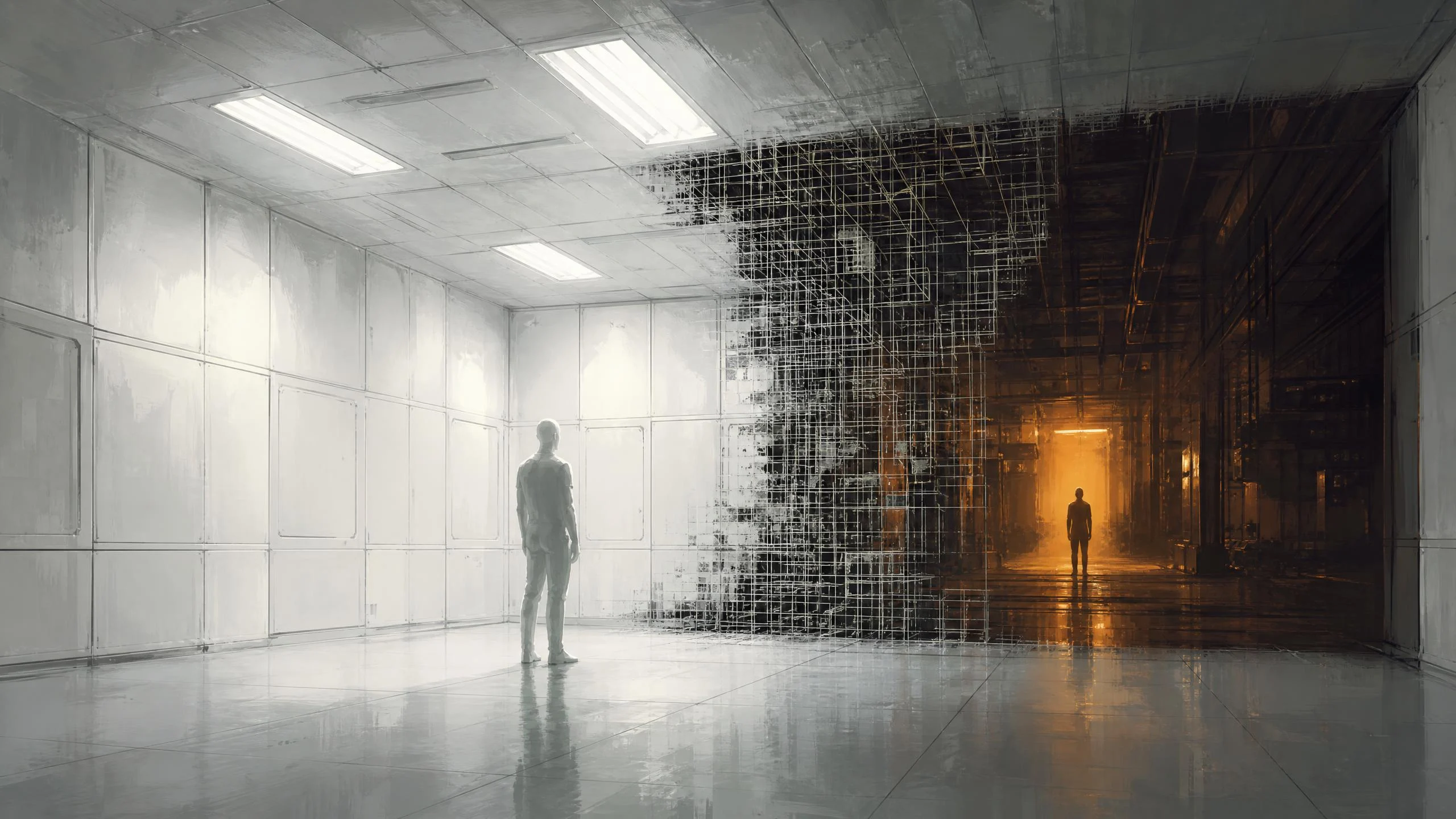 A white laboratory chamber where one wall dissolves into wireframe, revealing an amber corridor — one figure remains inside, one has passed through