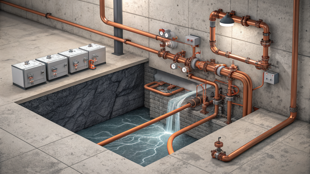 An industrial pipe junction with one valve left open, water flowing freely into an uncontained exterior space