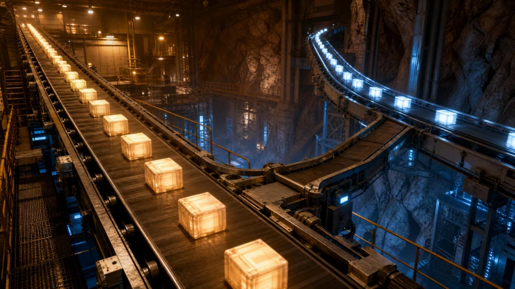 Two conveyor belts diverge in a rock-hewn cavern: the main track carries glowing amber crates, while a narrower belt curves away with blue-lit…