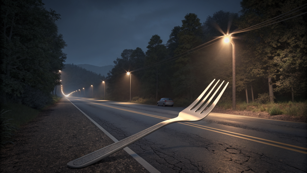 A road fork at night: the wider, well-traveled lane lit in warm amber, the narrower specialized route in cold white…