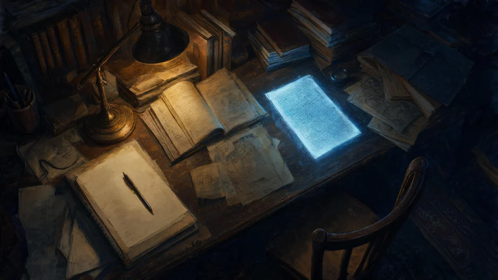 A dim study desk lit by a warm brass lamp and a cold blue glowing document, the chair empty, a pen resting beside a blank…