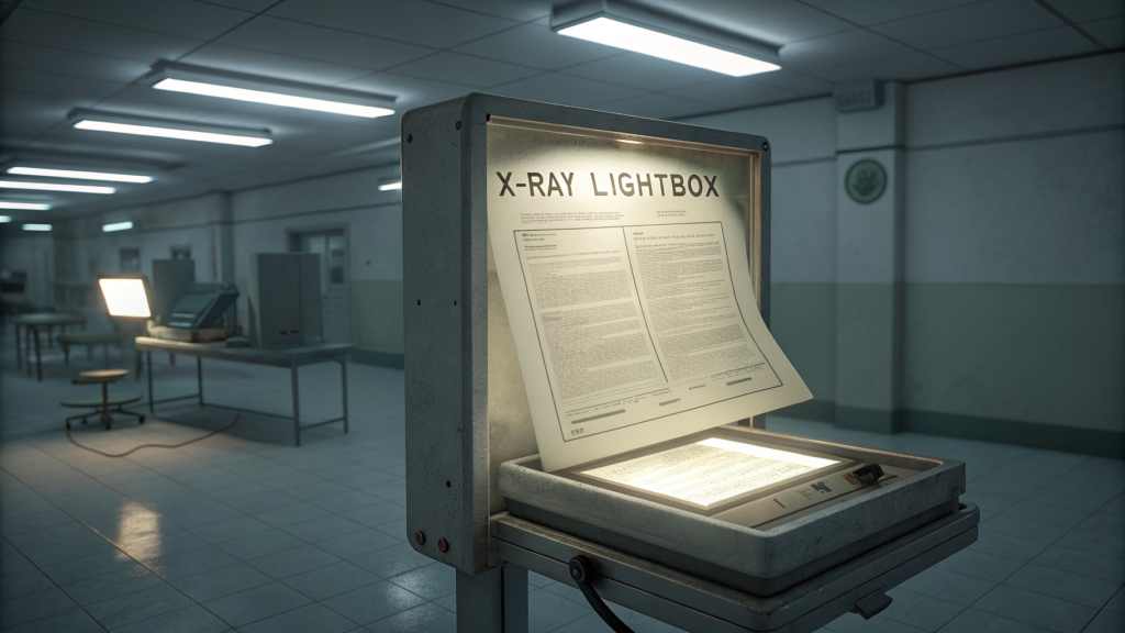 A document held to an X-ray lightbox reveals no inner structure beneath its surface text