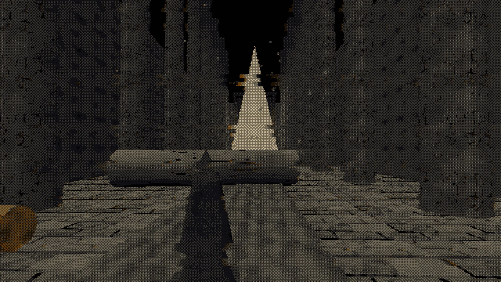 The hall, from the foot of the beam. Everything on screen is a 360-pixel render target dithered to nine colors.