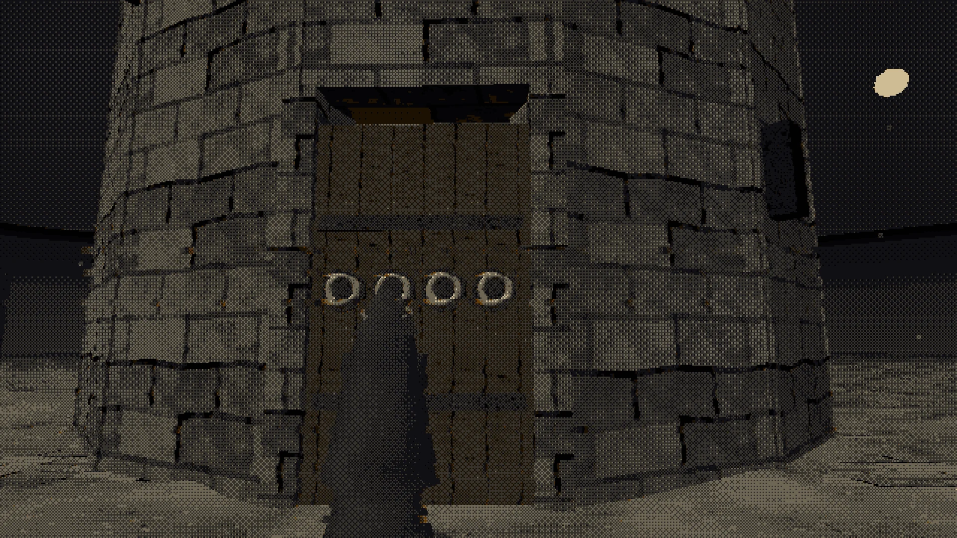 The tower door. Four carved wheels; the order is on a chapel wall you may or may not have read, and the machine's reminder of it is wrong.