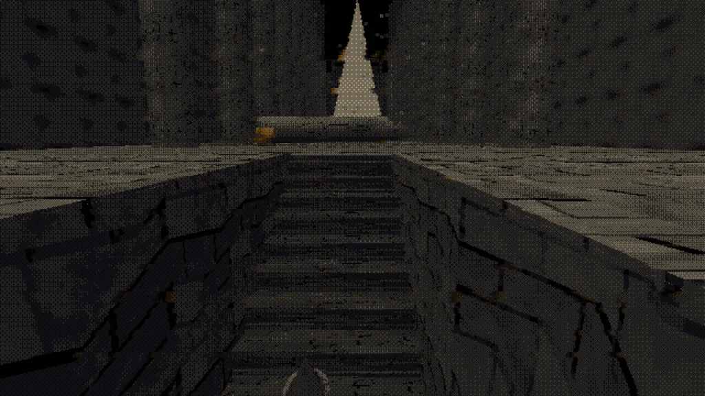 You enter the hall from below. The camera pulls back and rises as you walk it, so by the door the figure is very small.