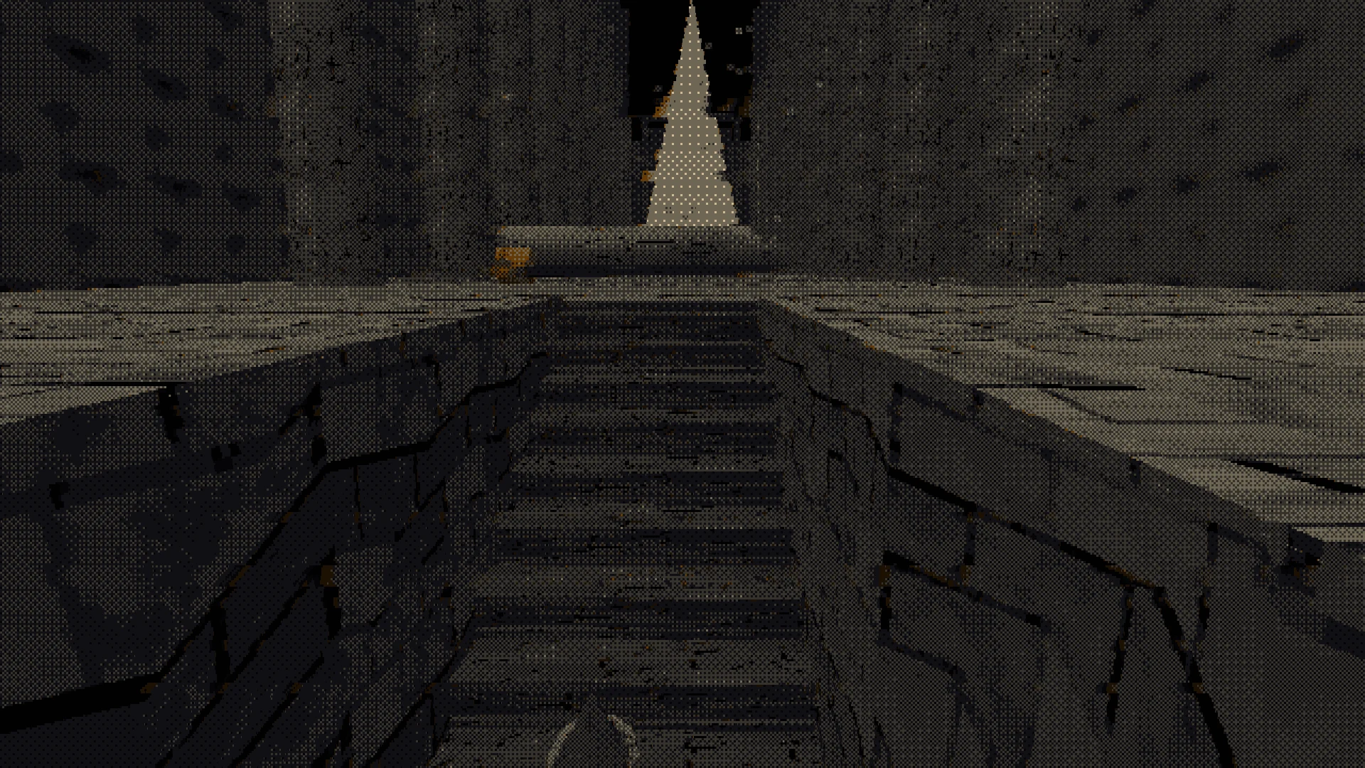 You enter the hall from below. The camera pulls back and rises as you walk it, so by the door the figure is very small.