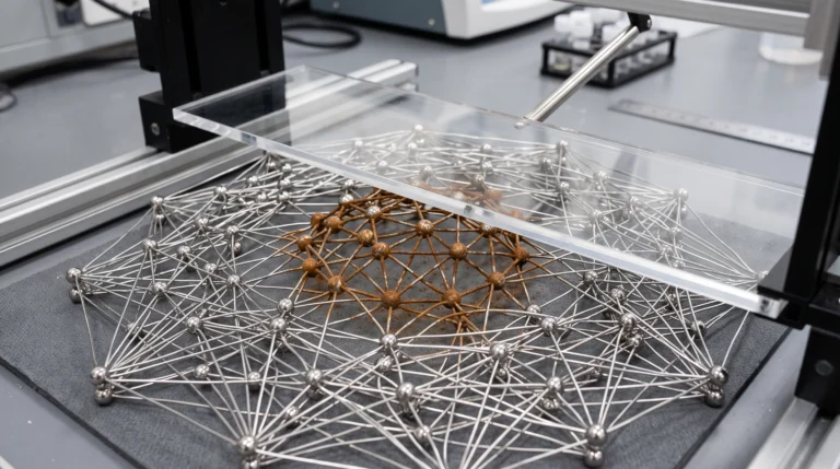 A physical scale model on a lab bench: a dense cluster of small steel ball bearings connected by thin silver wires to represent a graph network, photographed close-up…