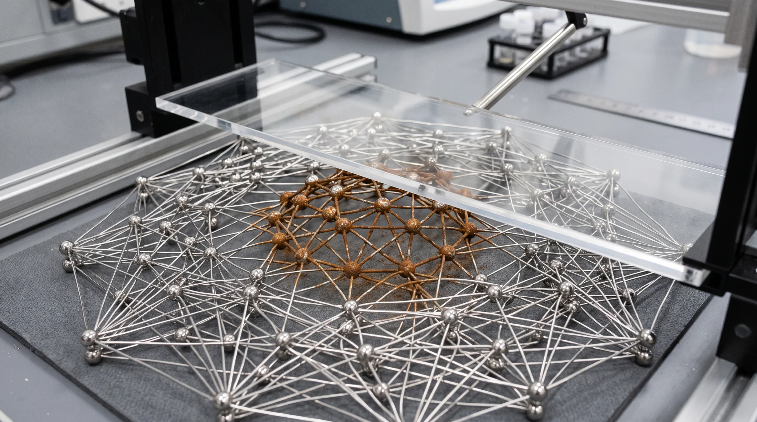 A physical scale model on a lab bench: a dense cluster of small steel ball bearings connected by thin silver wires to represent a graph network, photographed close-up…