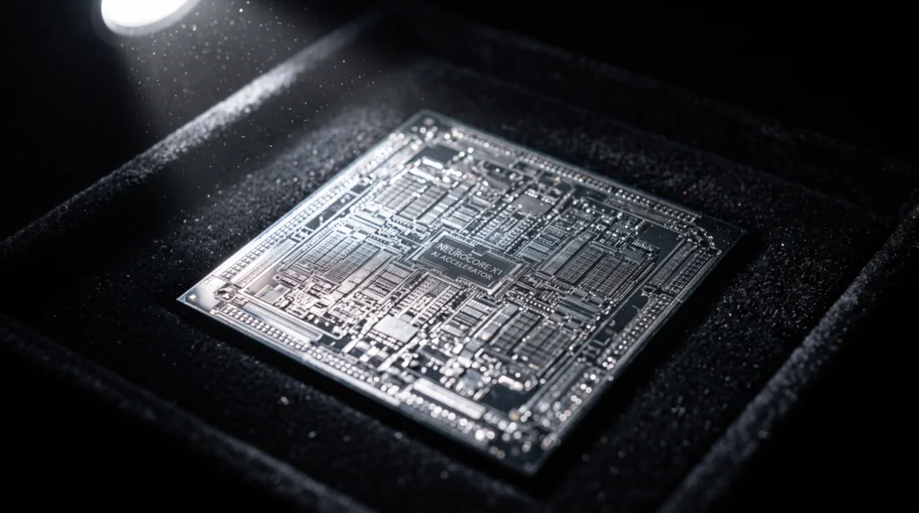 A single AI accelerator chip rests on a velvet-lined display tray under bright jeweler's spotlight, photographed macro-close so its dense grid of circuitry fills most…