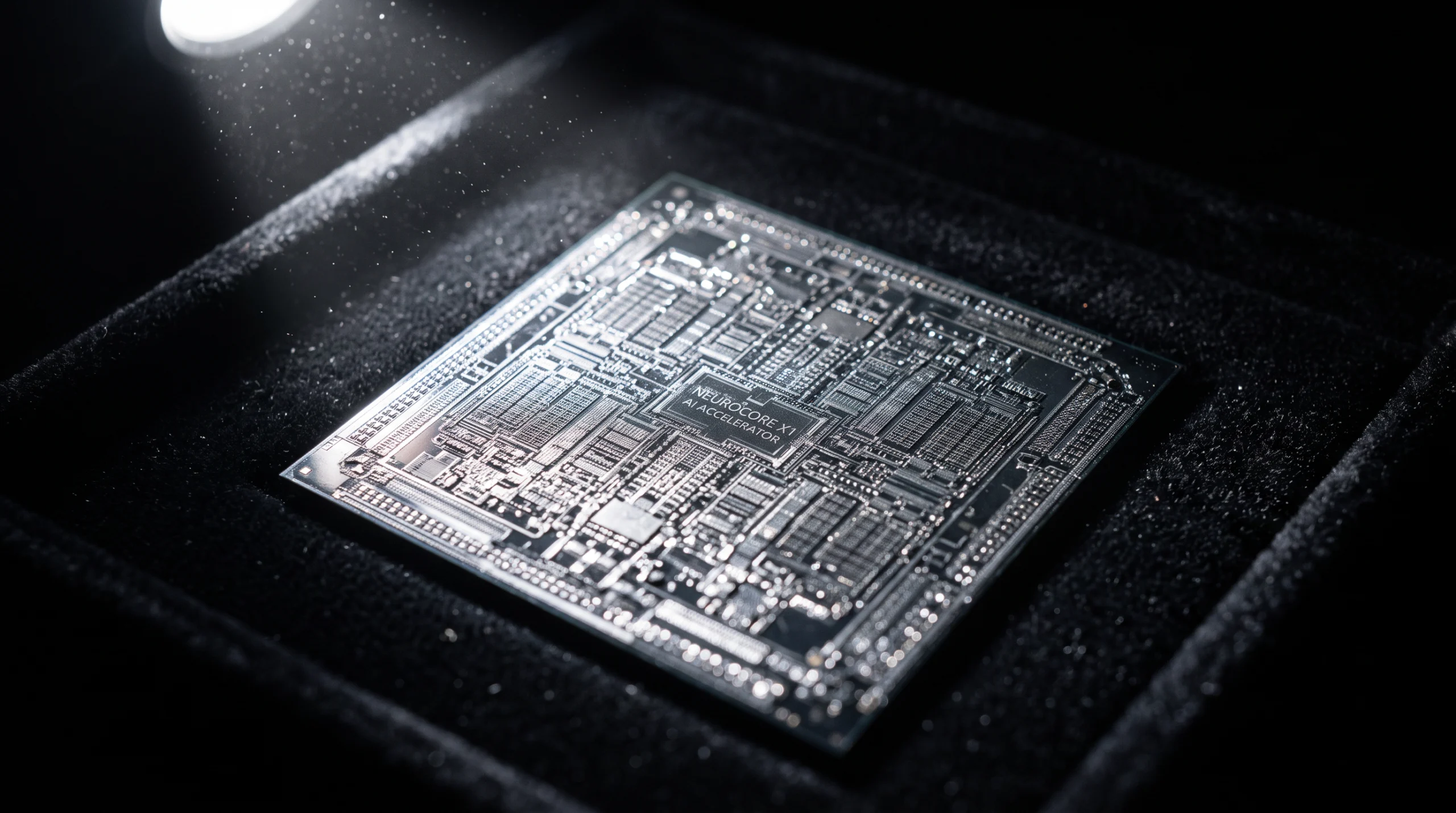 A single AI accelerator chip rests on a velvet-lined display tray under bright jeweler's spotlight, photographed macro-close so its dense grid of circuitry fills most of…
