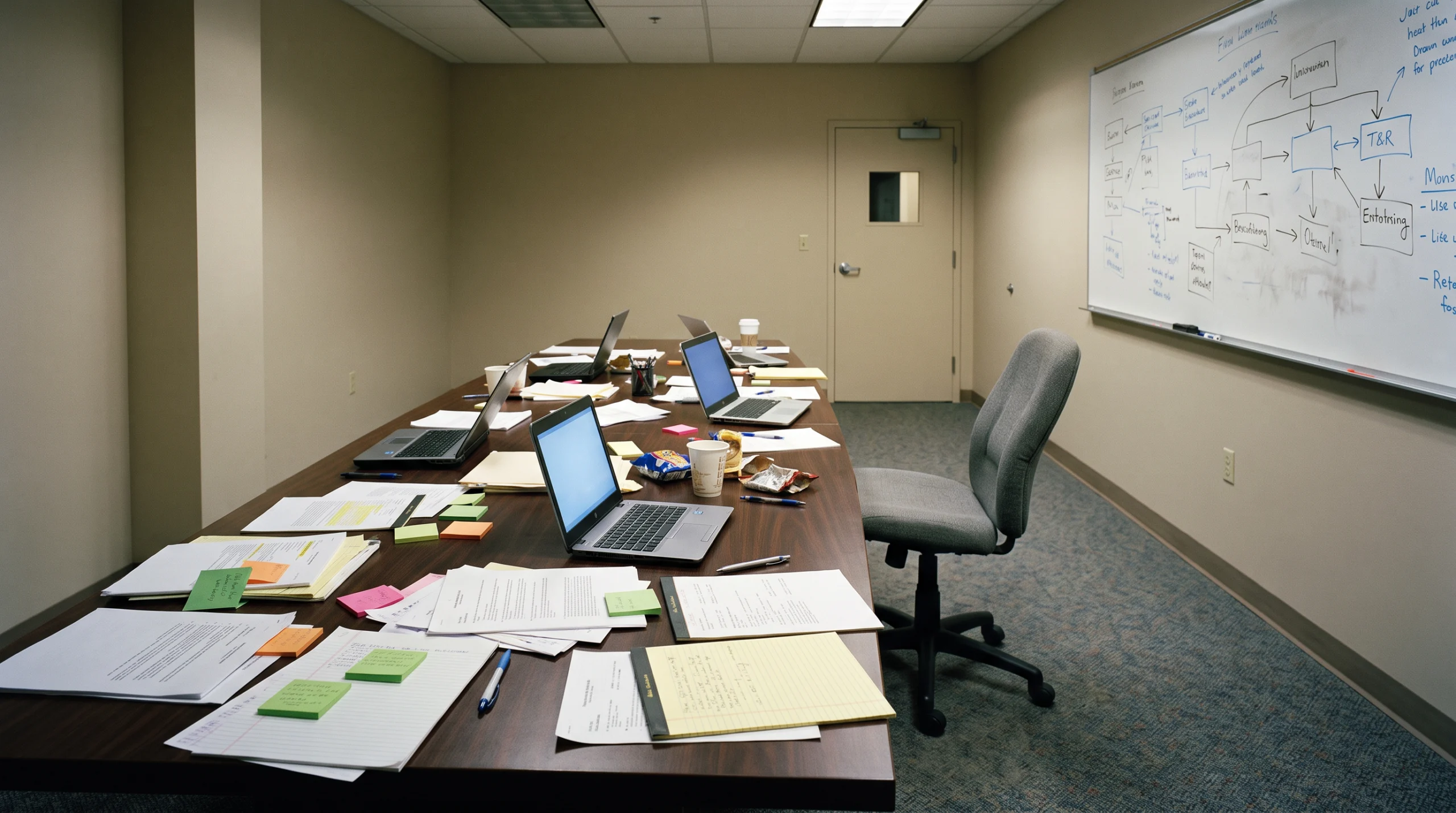 A windowless corporate conference room at night, photographed documentary-style: a long table covered with printed incident logs and sticky notes in loose, uncoordinated…