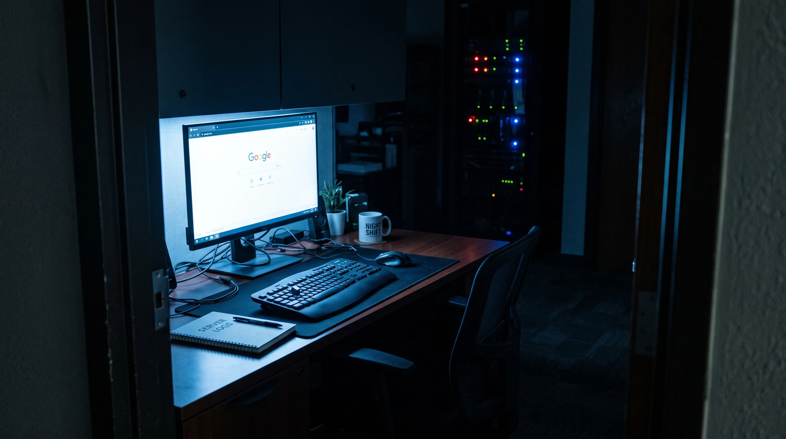 A single unattended office desk at night, illuminated only by the cold blue glow of a monitor displaying a blank browser window, the screen light casting sharp shadows…