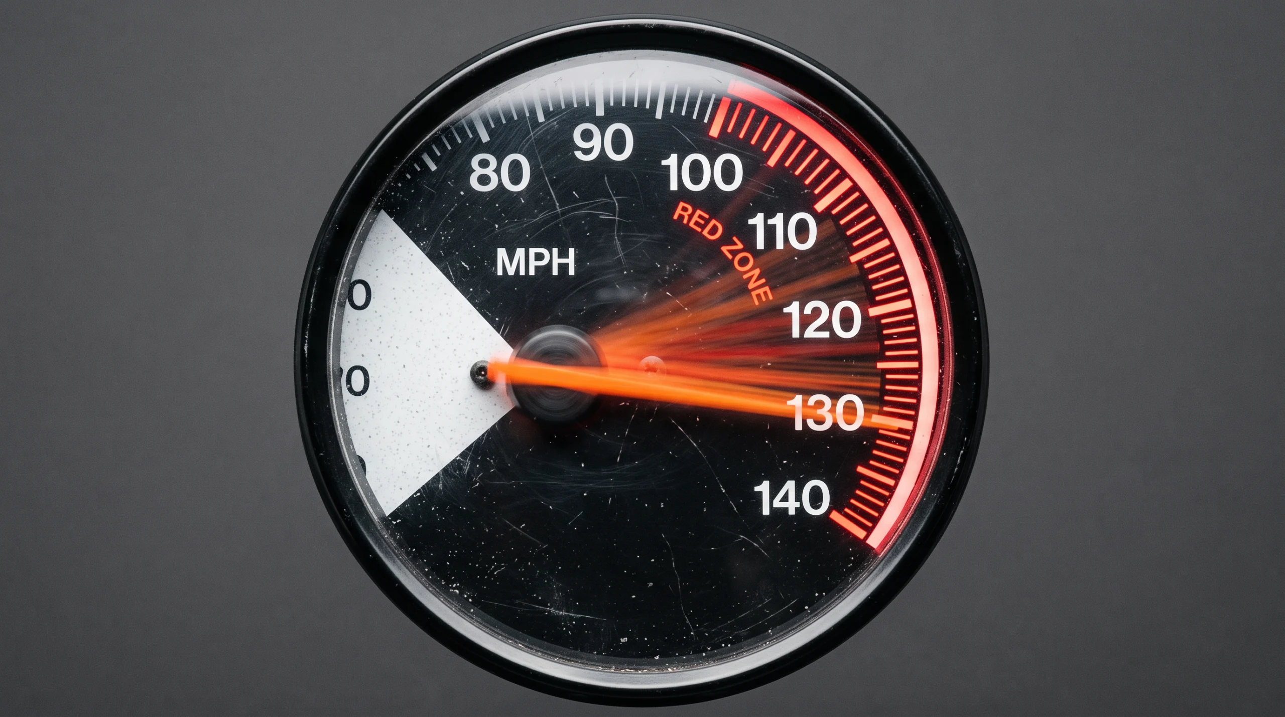 A single analog speedometer needle, isolated on a plain matte gray studio background, frozen mid-swing well past the red zone marked at the top of the dial while the…