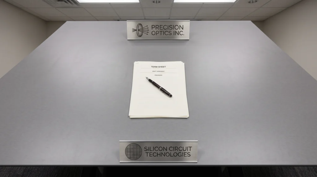 A boardroom conference table shot from directly above, bare except for two corporate nameplates—one etched with a stylized lithography-lens mark, the other…