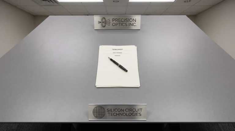 A boardroom conference table shot from directly above, bare except for two corporate nameplates—one etched with a stylized lithography-lens mark, the other with a…